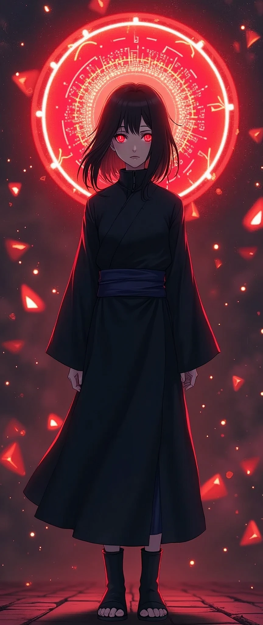 (masterpiece:1.2),(Highest quality),(Super detailed),(Ultra-high resolution),(Best illustrations),8k,wallpaper,(1 girl),(whole body:1.6),(front:1.6),(A beautiful female ninja is standing),(look at me),(Beautiful Face,Beautiful Eyes),(Red glowing eyes),(Black Costume),(Female ninjas use genjutsu),(The background is a beautiful geometric pattern like a kaleidoscope),Kaleidoscope Sharingan,(dynamic)