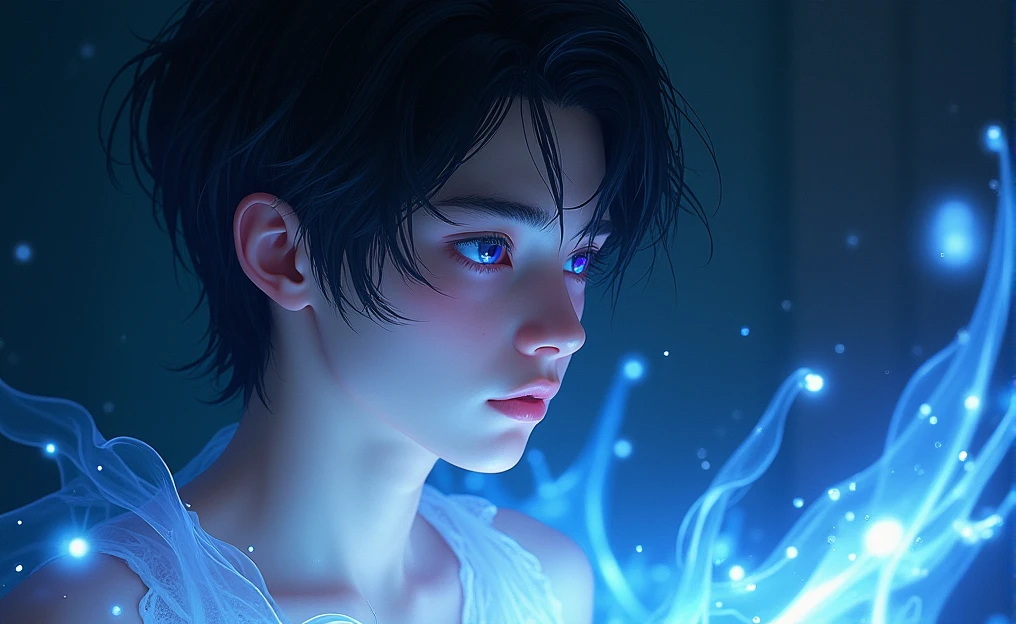 The image shows a younger man with delicate, androgynous features. The person has pale and smooth skin watching at us with his dragons , with a serene and dreamy expression. His eyes are an intense and bright blue and purple, with a look that seems lost in deep thoughts. The younger man hair is short, flowing, and a deep black that appears to be made of liquid light. It is soaked and falls in clumps that blend into the background, giving a sense of movement and fluidity. There is an ethereal lighting effect surrounding the boy. Flashes of blue and white light spread across the image, as if the person is surrounded by some kind of magical energy. Light reflections on the skin and hair reinforce this feeling that the boy is made of a liquid or crystalline material. The background is dark, which makes the light effects stand out even more. There is a play of light and shadow that adds depth and mystery to the scene. The style is very detailed and realistic, with a fantastic touch. The use of cool colors and lighting effects creates a dreamy and otherworldly atmosphere.