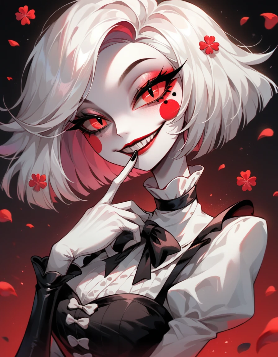 score_9, score_8_up, score_7_up, source_furry, rating_safe, Cloverdemon, clover face, face de la plante, Yeux de chat, red petals, black petals, Clown, pale skinned, sourire, contenu, suffisant, hazbin hotel style,
