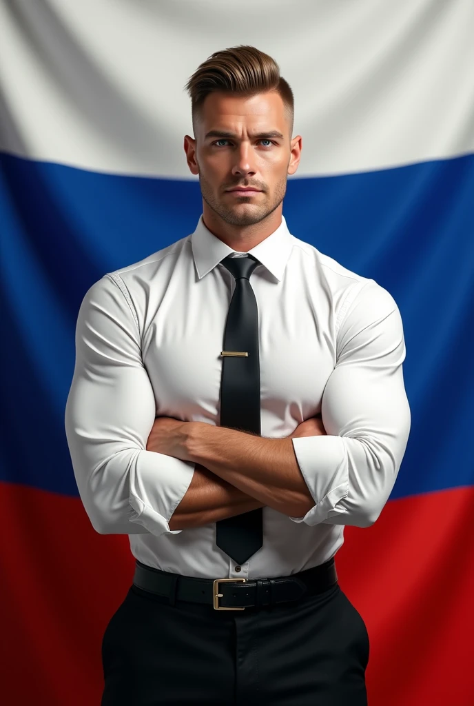 40 Year Old White Man, Clear Brown hair undercut with fringe hairstyle, Light blue eyes, Muscular arms, forearms and shoulders, Crossed arms, white social shirt, black tie and black leather belt, Black Pants, With the russian flag in the background, staring ate camera.