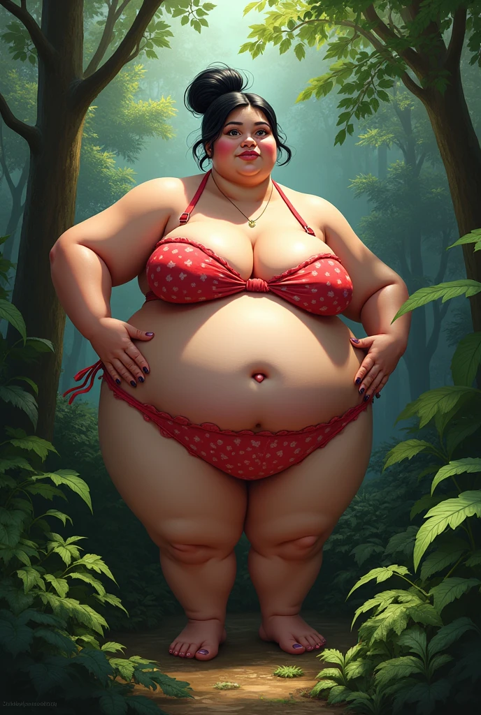 Create the brazilwood inside thais carla, a very fat woman, white, black and tied hair, lard , and with a heart-shaped bikini (without being a print) , woman fatter than a whale, and that is not tasty