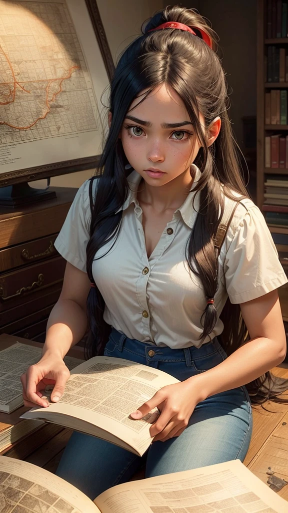 A -yeld giwith long black hair tied in a ponytail, green eyes, and light brown skin. She wears a red blouse and denim pants. She is examining an old map with a focused expression, surrounded by historical books and artifacts.