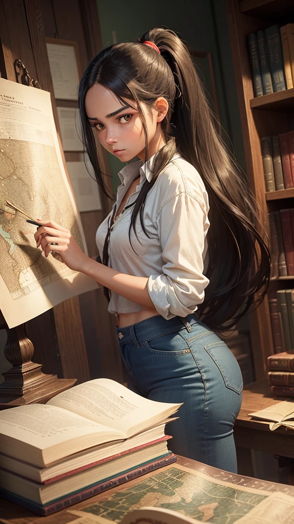 A -yeld giwith long black hair tied in a ponytail, green eyes, and light brown skin. She wears a red blouse and denim pants. She is examining an old map with a focused expression, surrounded by historical books and artifacts.