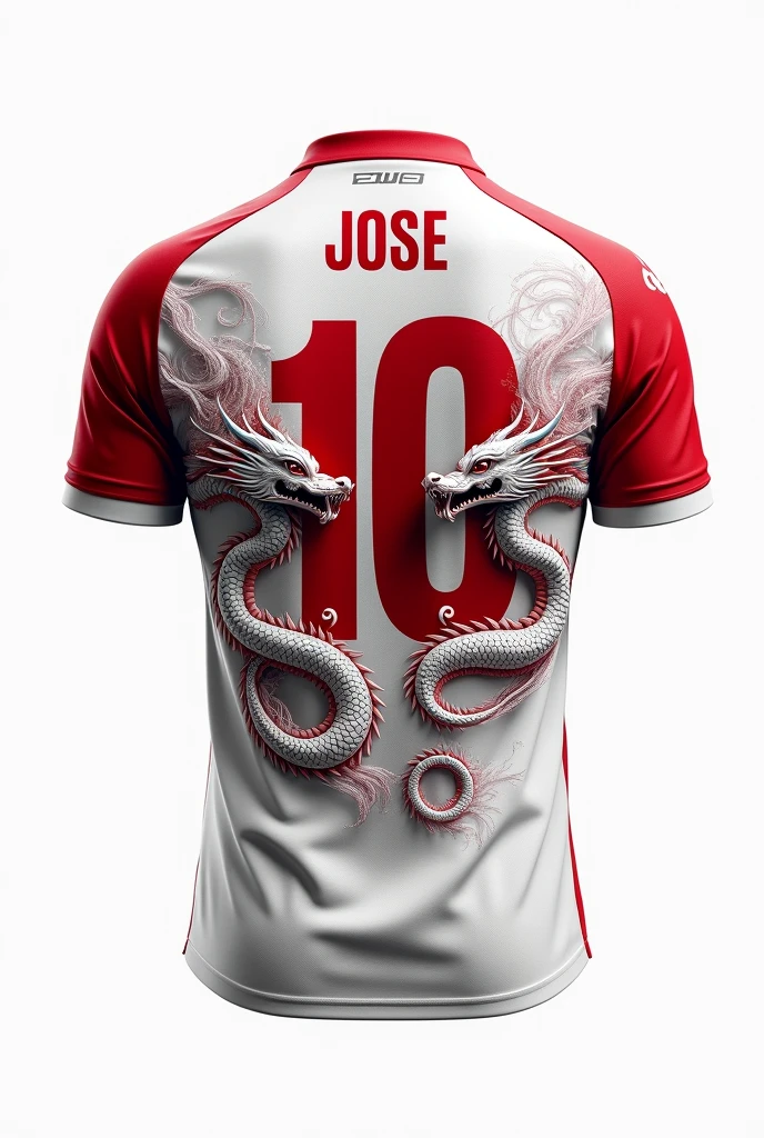 A football shirt with the number 10 on the BACK in red with white dragons passing through the number 10 with a white background without a player with the name JOSE a little large below the number with white details on the sleeve and on the bottom of the shirt
