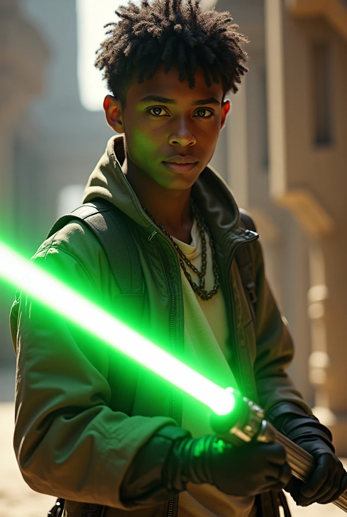 Star Wars, handsome, black american, light skinned male, teenager, star wars smuggler outfit, green lightsaber