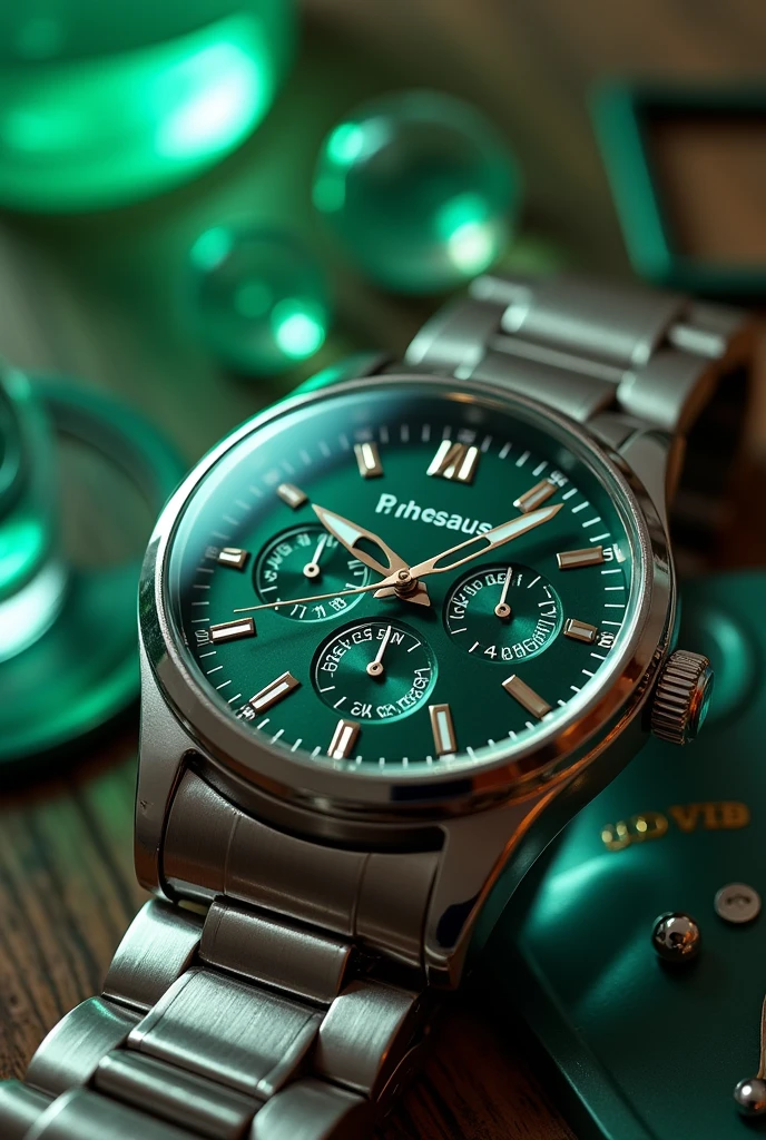 Analog watch with silver-tone steel bracelet and emerald frame with chemistry-themed background, including figures of atoms and test tubes. luxury glass and wood desktop background
