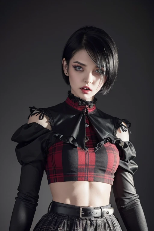 woman with short black hair, shoulder hair, in a black cropped plaid skirt, blue eyes, zombie art, Gothic art, cute aesthetics with atmosphere, cartoon aesthetics, in a red suit, wearing gothic accessories, looks like Cassie Hack, upper body, portrait, dark background