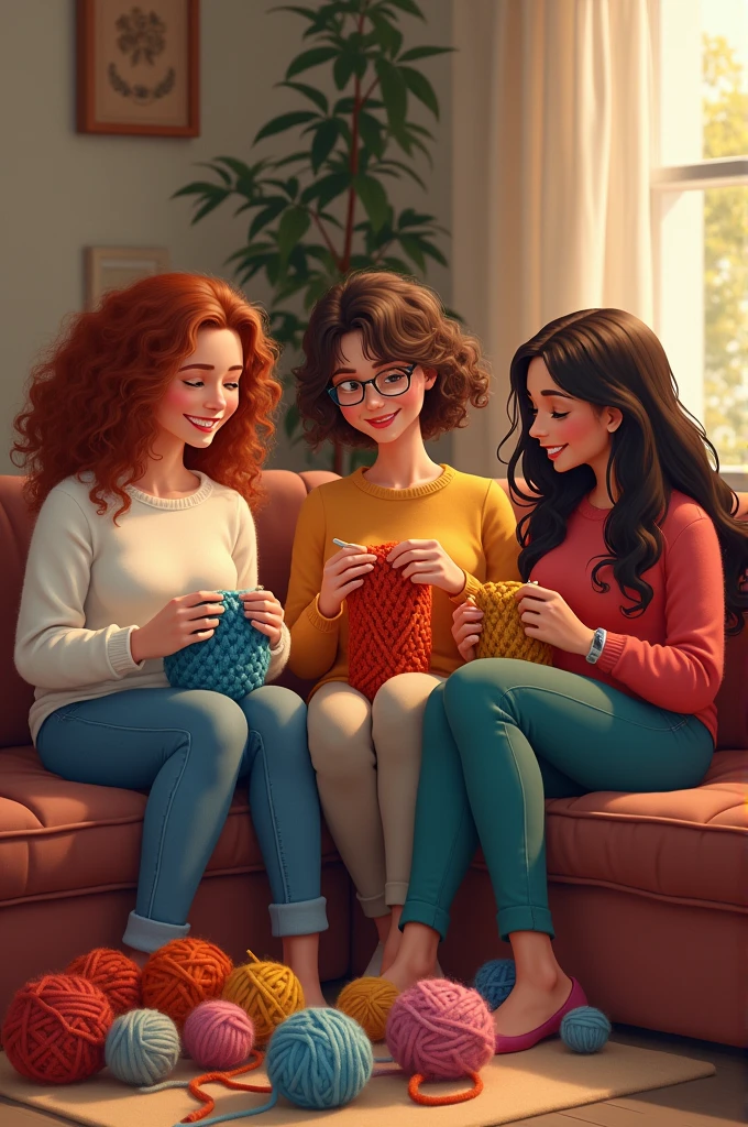 3 friends knitting, a chubby white girl with curly hair, a skinny girl with glasses and a brunette with long hair and a curvy body
