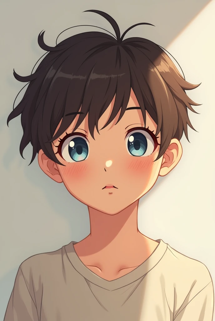 Generate a innocent looking teenage boy (age: 14) with sleepy blue eyes and brown hair, fair-tan skin in anime version, SLEEPY EYES