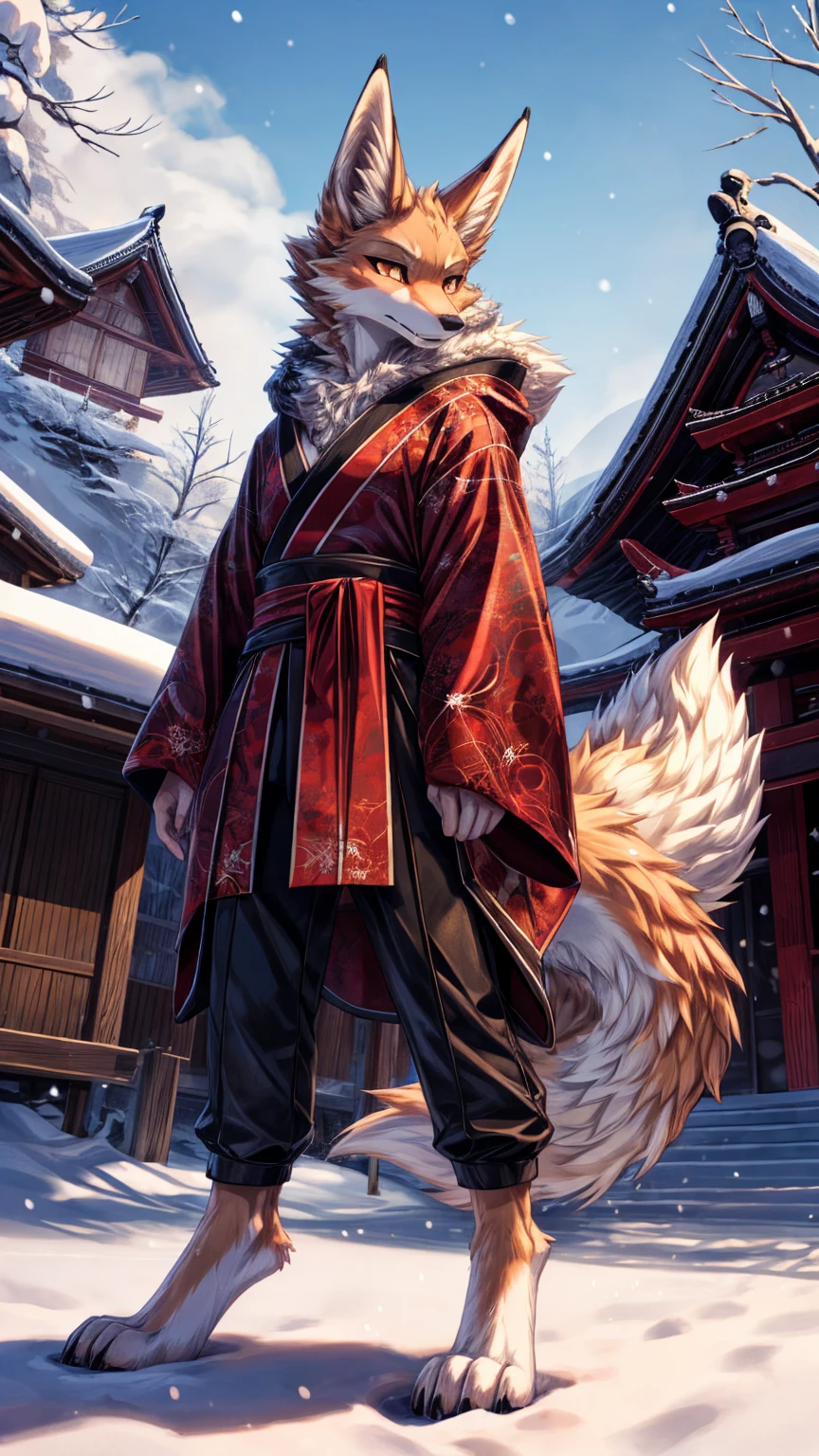 The best quality, Japanese teen black jackal, dark kitsune fox face elongated snout add-detail, Surprise face, sweaty body, add heated_detail,, kitsune warrior in the snow add_detail:1, add barefoot_detail:1 mystical aura