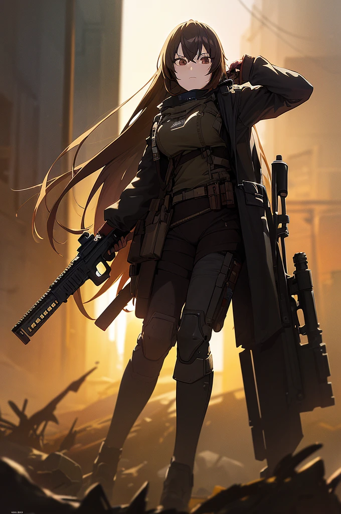 In the spotlight, holding_gun, assault_rifle, Very detailed, Brown Hair, Long Hair, Anime Style, whole body, alone, Stylish Gunfighter Girl, Holding a steampunk long barrel pistol,Standing in the wasteland, 8K high resolution, White Background, The background is a dark and desolate landscape, Horror movie atmosphere. Her figure is very beautiful, Emphasizing the dark and crazy elements. Skillfully expressing the effects of light and shadow, Anime girls with guns and rifles, from Girls' Frontline, mechanized soldier girl, Girls' Frontline style