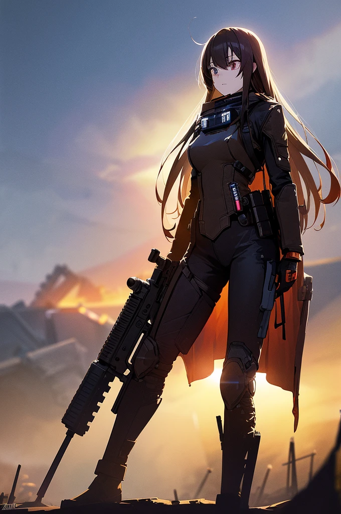 In the spotlight, holding_gun, assault_rifle, Very detailed, Brown Hair, Long Hair, Anime Style, whole body, alone, Stylish Gunfighter Girl, Holding a steampunk long barrel pistol,Standing in the wasteland, 8K high resolution, White Background, The background is a dark and desolate landscape, Horror movie atmosphere. Her figure is very beautiful, Emphasizing the dark and crazy elements. Skillfully expressing the effects of light and shadow, Anime girls with guns and rifles, from Girls&#39; Frontline, mechanized soldier girl, Girls&#39; Frontline style