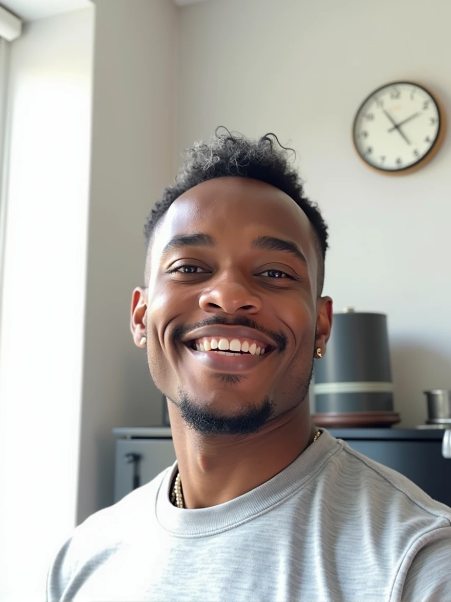 black man, with small beard, small grey tendrils, half chubby, eyebrows plucked with a line on the left vertically and on the right horizontally, pretty smile half big, Small ears