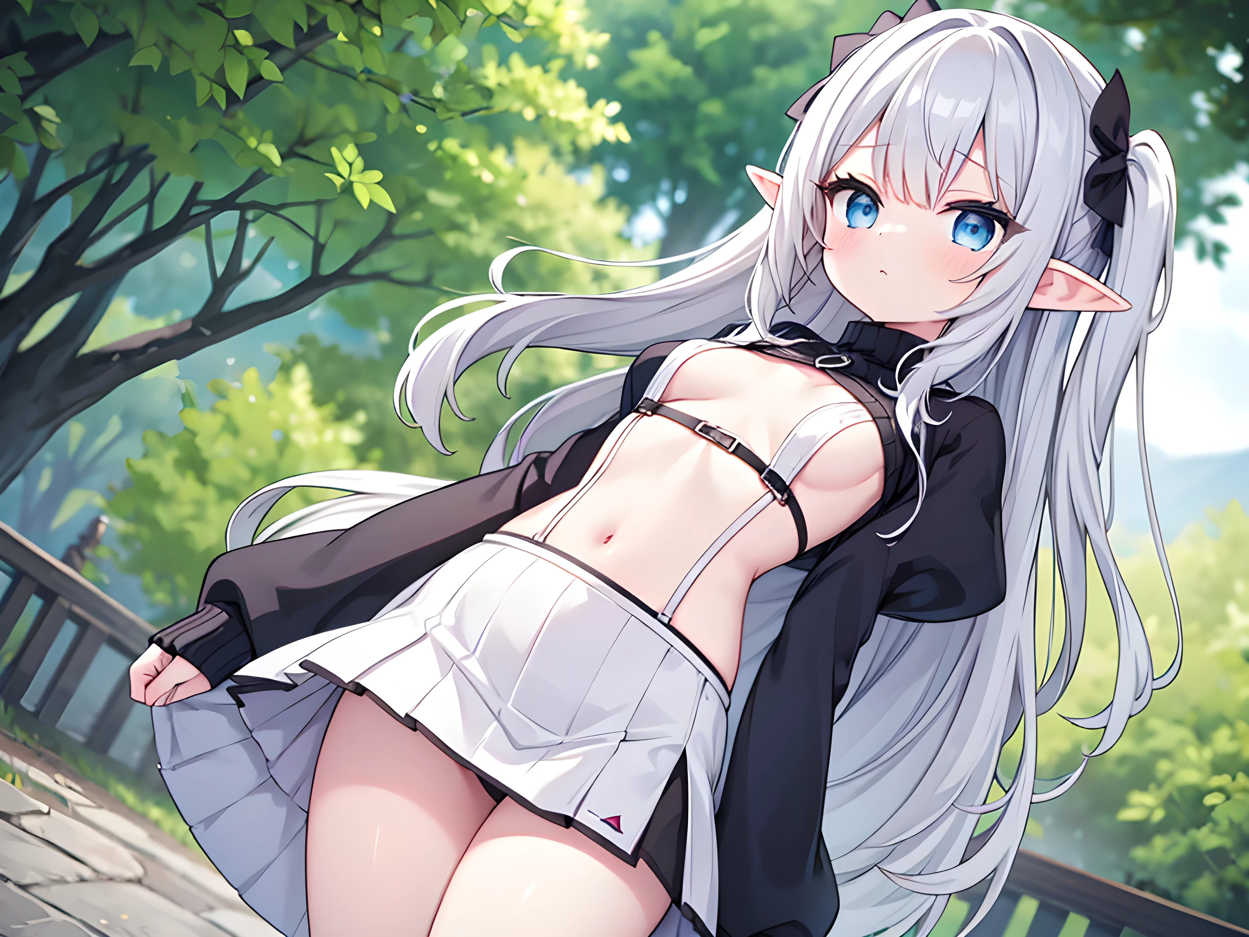 score_9,score_8_up,1girl,elf ears,solo,(silver hair),(side hair),blue eyes,curvy flat chest boob, ,open-chest sweater mini skirt,gothic countryside daytime,pretty, kaleidoscopic theme,blurry background,blurry,depth of field,from below,