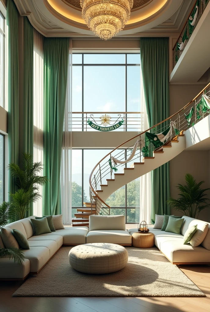 "A luxurious, modern living room with a stunning double-height ceiling, featuring a grand, spiral staircase that curves elegantly upwards. The space is illuminated by a large, sparkling chandelier that hangs from the intricate ceiling, casting a soft, ambient glow. Floor-to-ceiling windows allow natural light to flood the room, highlighting the plush white sectional sofa and the circular tufted ottoman placed on a cozy, textured rug.For 14th August, the room is decorated with green and white accents. Pakistani flags are draped over the balcony railing, and small flag-themed cushions are added to the sofa. The windows are adorned with delicate green and white curtains, and a banner celebrating 'Pakistan Independence Day' is elegantly hung across the large windows. Soft green and white lights are intertwined with the existing lighting to enhance the festive atmosphere, creating a perfect blend of elegance and patriotism."