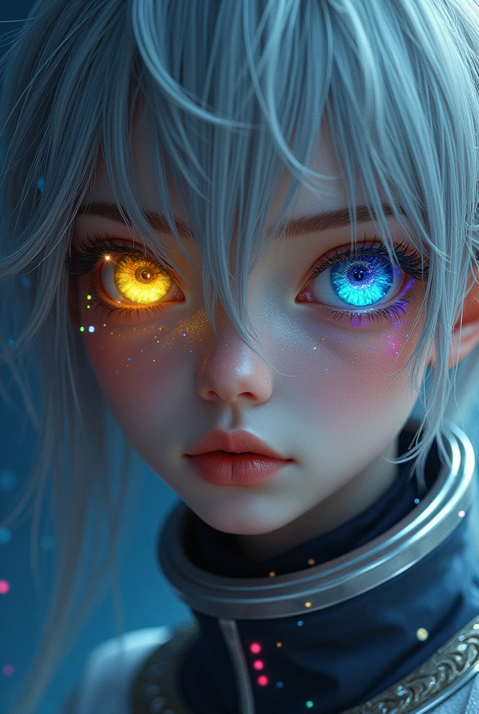 (Close-up of a better masterpiece:1.5)0.9], (Space and astronauts:1.2) (Messy silver hair:1.1) (Heterochromia xanthochromia and blue eyes:1.2) (Space Helmet:1.0) (Colored stars in the eyes:1.0) (A radiant glow:1.1) (thick lips:0.9)