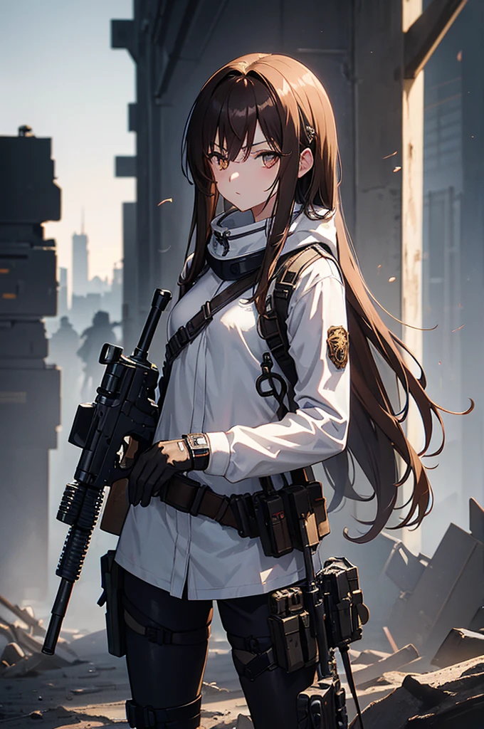 In the spotlight, holding_gun, assault_rifle, Very detailed, Brown Hair, Long Hair, Anime Style, whole body, alone, Stylish Gunfighter Girl, Holding a steampunk long barrel pistol,Standing in the wasteland, 8K high resolution, White Background, The background is a dark and desolate landscape, Horror movie atmosphere. Her figure is very beautiful, Emphasizing the dark and crazy elements. Skillfully expressing the effects of light and shadow, Anime girls with guns and rifles, from Girls' Frontline, mechanized soldier girl, Girls' Frontline style