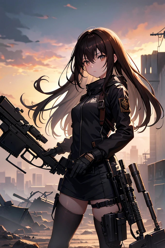 In the spotlight, holding_gun, assault_rifle, Very detailed, Brown Hair, Long Hair, Anime Style, whole body, alone, Stylish Gunfighter Girl, Holding a steampunk long barrel pistol,Standing in the wasteland, 8K high resolution, White Background, The background is a dark and desolate landscape, Horror movie atmosphere. Her figure is very beautiful, Emphasizing the dark and crazy elements. Skillfully expressing the effects of light and shadow, Anime girls with guns and rifles, from Girls&#39; Frontline, mechanized soldier girl, Girls&#39; Frontline style