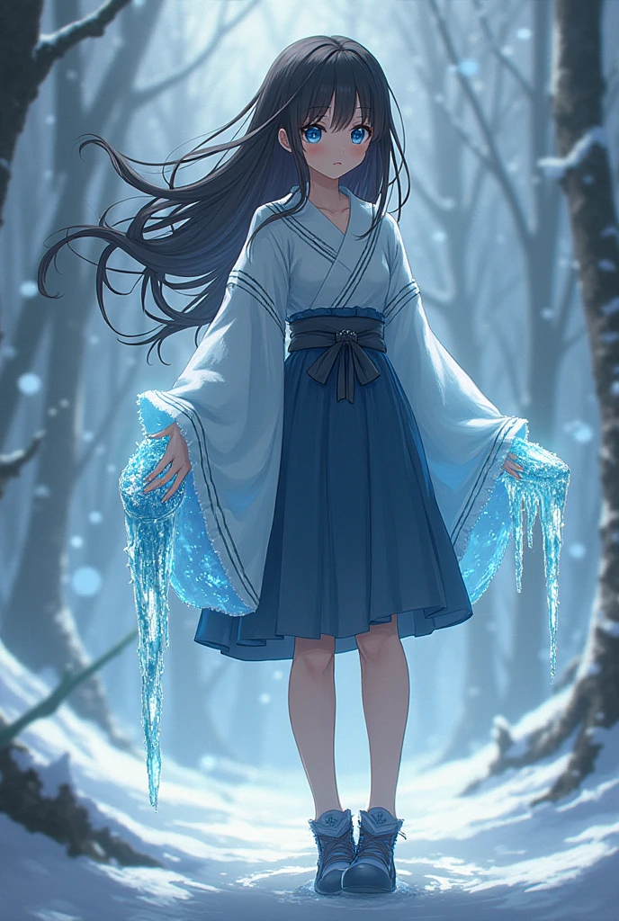 A 19 year old girl with one of her arms frozen with ice wearing clothes and shoes in anime style
