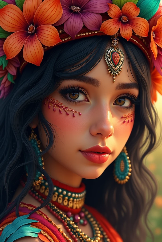 beautiful detailed eyes, beautiful detailed lips, extremely detailed eye and face, , 1girl, bird feather clothes, colorful vector art, graranis indigenous style, tropical flowers, warm lighting, swirly vibrant colors, (best qualityer ,4K,8k,high resolution,Masterpiece artwork:1.2),ultra detali,(realisitic,fotorrealisitic,foto-realisitic:1.37),digitalpainting,conceptual artwork,illustration Guarani Indians
