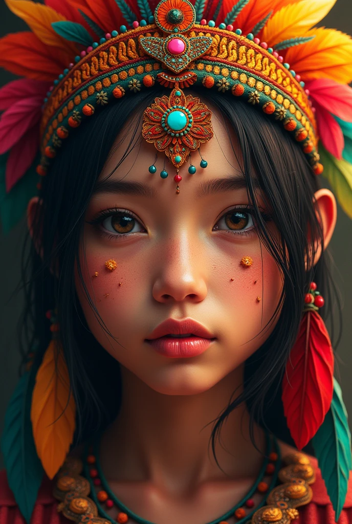 beautiful detailed eyes, beautiful detailed lips, extremely detailed eye and face, , 1girl, bird feather clothes, colorful vector art, graranis indigenous style, tropical flowers,  warm lighting, swirly vibrant colors, (best qualityer ,4K,8k,high resolution,Masterpiece artwork:1.2),ultra detali,(realisitic,fotorrealisitic,foto-realisitic:1.37),digitalpainting,conceptual artwork,illustration Guarani Indians