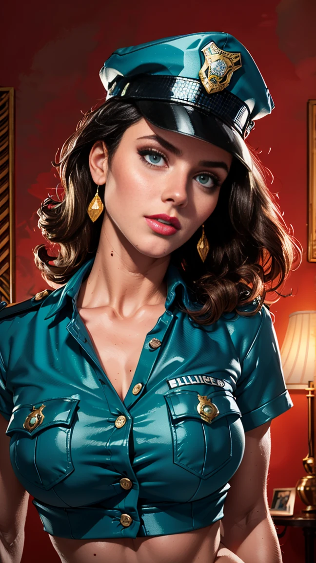 simple background (in women's police uniform and police cap: 1.4), good hand, 4k, high resolution, masterpiece, best quality, head: 1.3, ((Hasselblad photo)), finely detailed skin, clear focus, (cinematic lighting), soft lighting, dynamic angle, [:(detailed face: 1.2):0.2], belly gaze, huge breasts, breasts, (((inside the mansion))), 1girl, jewelry, earrings, orange_sky, solo, mole, long_curly_hair, mole_under_eye, upper_body, green_eyes, looking_at_viewer, black hair, fashion (head tilt: 1.4), plain background, red background,