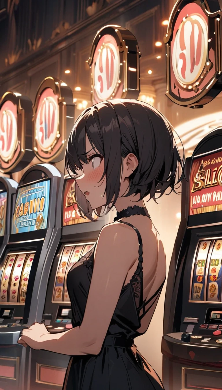 Highest quality, masterpiece, One girl, alone, short hair, Wolf Cut, shout, anger, Standing behind a slot machine, Background Casino, close