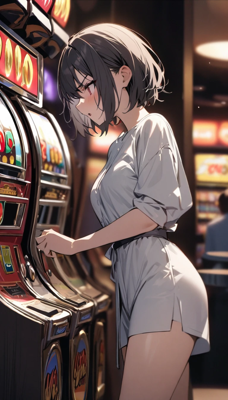 One Woman、Pachinko parlor、Playing slots、Sit on a chair、Place your hand on the slot lever、Play slots、Facing the slots、Hit the lever、Facing the slot machine、Large crowd、beautiful girl, Highest quality,  Black Pantyhose、Short tight skirt、panties under pantyhose、Thick thighs、Big 、Big Ass、Short Hair、Sweaty body、Sweaty crotch、Orgasmic face、Dirty sound effects、Ecstasy in a flashy way、目の前にLarge crowd、A ton of slot machines、Hit Slot King Pulsar