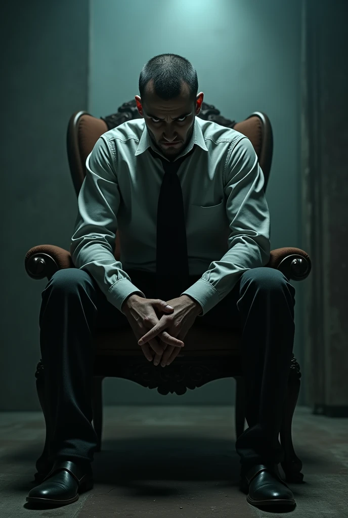 A psychopathic man sitting on a chair