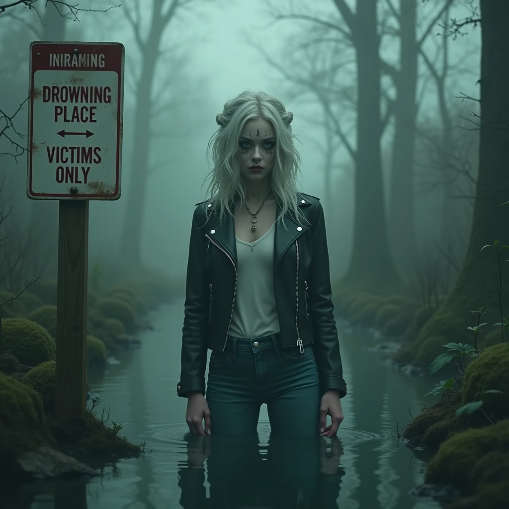 pale woman, biker jacket, information pointer "RITUAL DROWNING PLACE VICTIMS ONLY", flared jeans, stuck in bog, beautiful hairdress,ritual makeup