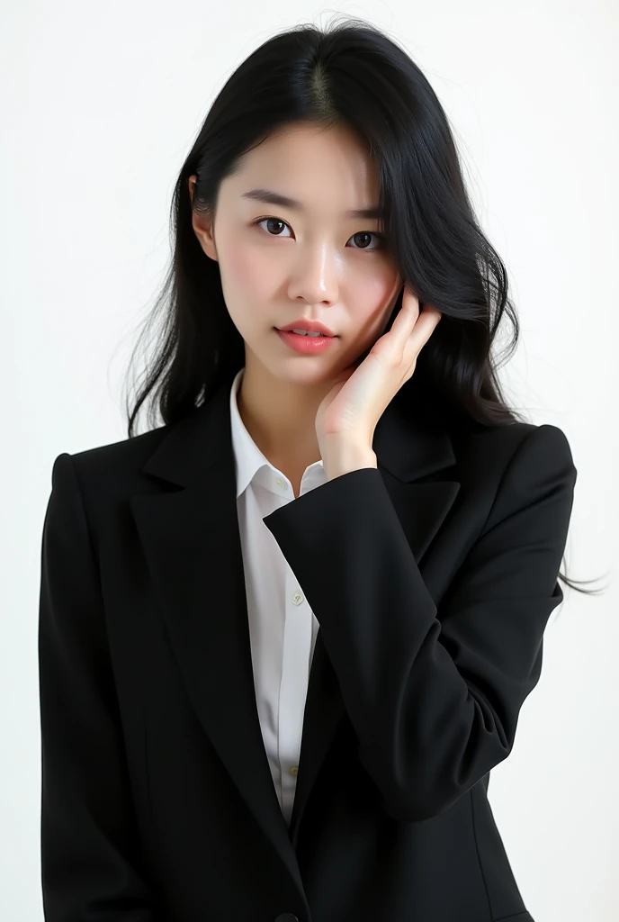 woman in black suit, with long black hair behind the ears, White background, white shirt and looking forward, with nothing on the face