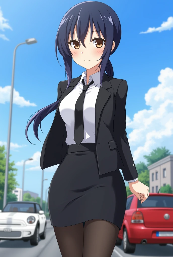 ((masterpiece)),((best quality)),ultra-detailed,illustratio,Explicit,Beautiful body,Beautiful Nose,Beautiful character design,perfect eyes,perfect face,wallpaper,ultra highres,4K,photography,(Beautiful,normal breasts:1.2),(beautiful face:1.2),beautiful legs,perfect legs,shiny skin,nsfw,official style,official arts,anime screencap,anime coloring,
orimura chifuyu,1girl,solo,black hair,long hair,brown eyes,very long hair,(low ponytail:1.2), skirt, pantyhose, necktie,road, shirt, street, formal, suit, black necktie, pencil skirt, white shirt, jacket, solo, looking at viewer, breasts, black skirt, collared shirt, black pantyhose, black jacket, office lady, car, skirt suit, motor vehicle, ground vehicle, hair between eyes, closed mouth, long sleeves, dutch angle, holding,miniskirt,full body,outdoor,Blue sky,White cloud,mature female,