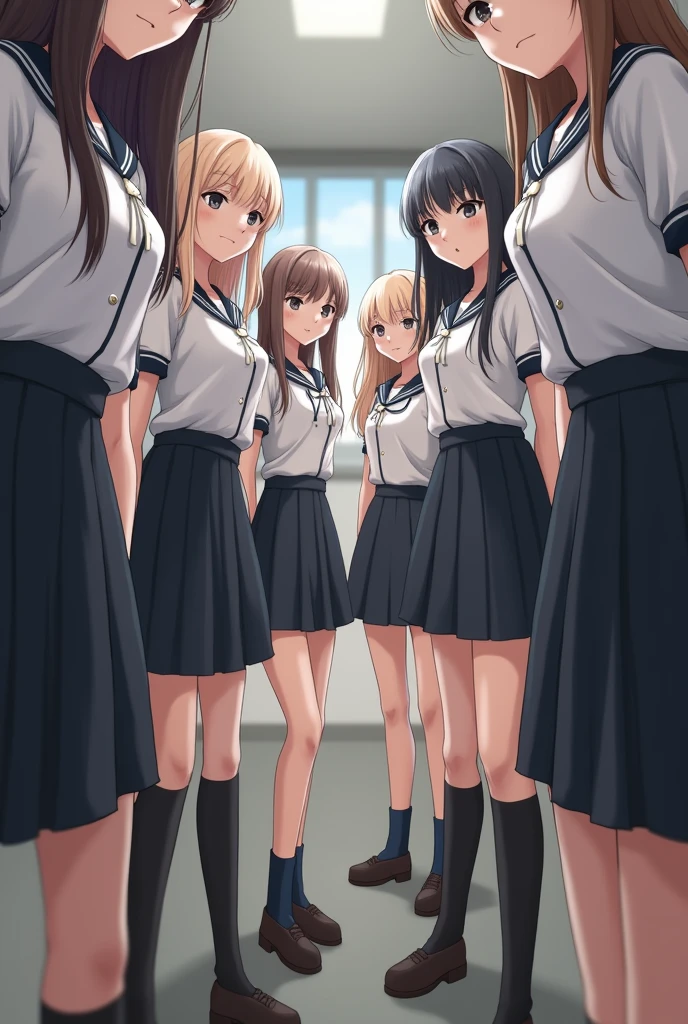 Police raid girls&#39; school, four schoolgirls stand in a row against a wall facing the wall with their legs apart,  handcuffed behind his back, chains on the legs, dressed in a school uniform of a tight blouse, short skirt, translucent stockings above the knee and high heels, anime
