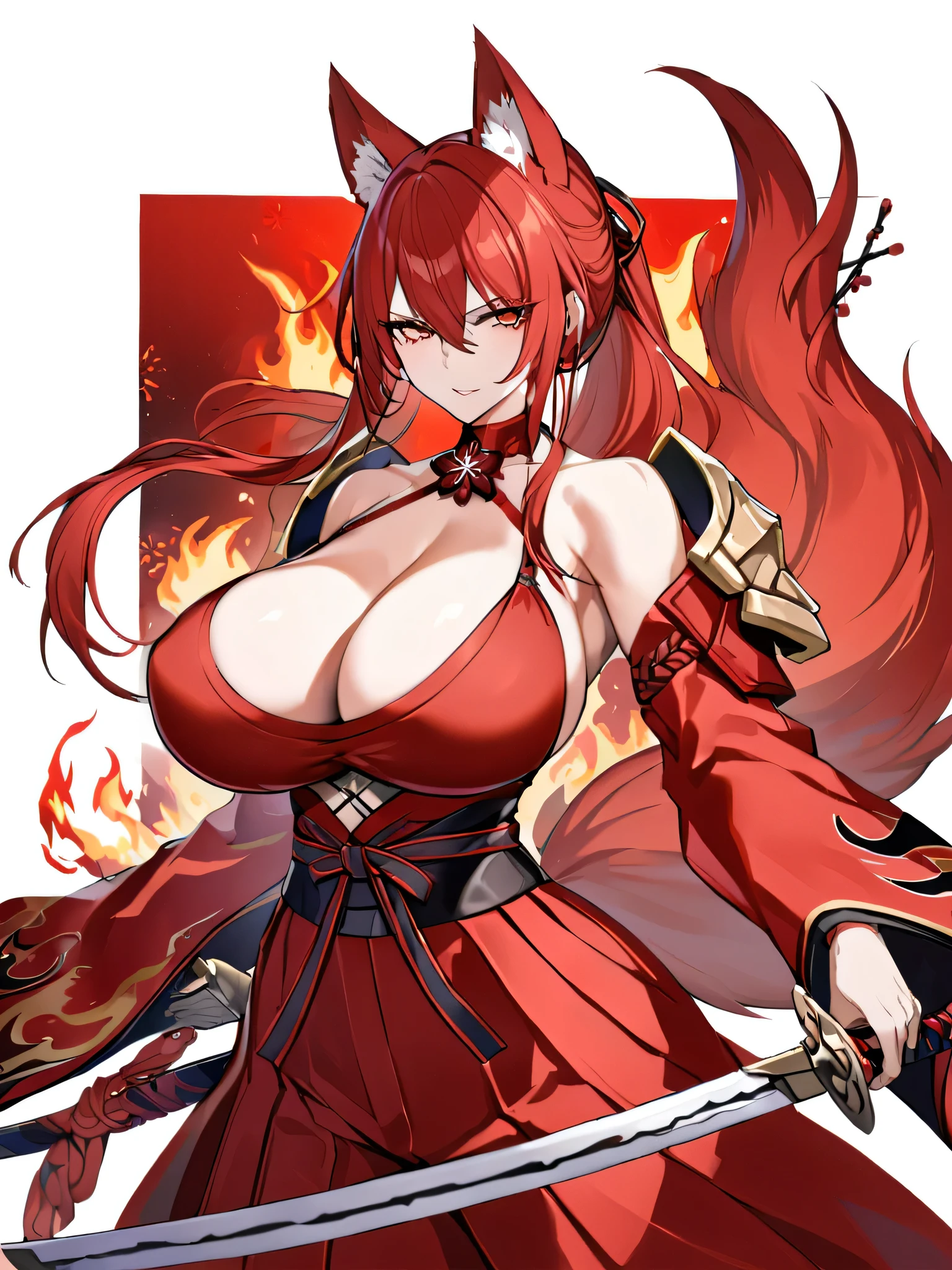 8K Best quality Best work Red long ponytail Red fox ears Nine fox tails Very large breasts Flaming Japanese sword Red jacket Long hakama Red eyeshadow on lower eyelids Red burning background Japanese style Samurai Flame hell Five fingers