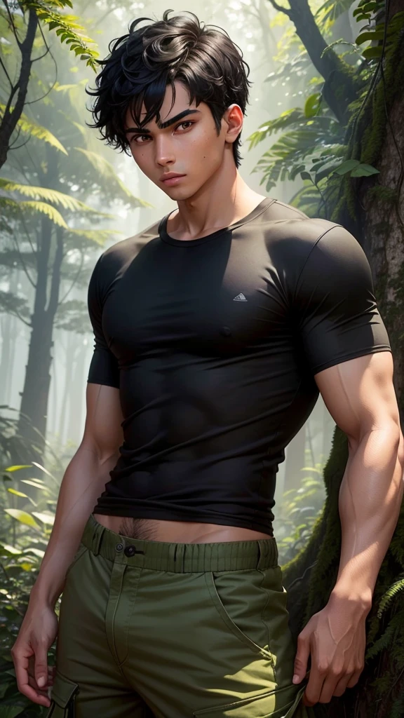"An 18-year-old boy with short black hair, dark brown eyes, and tanned skin. He has an athletic build and wears a green t-shirt and cargo pants. He looks determined and ready for action, with a backdrop of a forest or adventure setting."