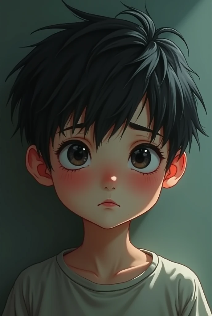 A five-year-old Korean boy crying while looking straight ahead.

