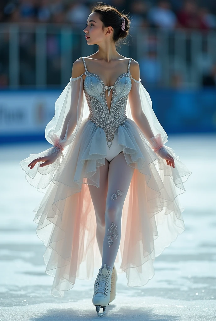 figure skating costume . my vision is an asymmetric costume with an open back , long translucent and loose sleeves to give off a more soft look when gliding on ice , a sweetheart corset with a grey-ish blue to dusky pink fade embedded with tiny jewels and a ribbon on the upper chest that ties the string connecting the sleeves to main costume . the skirt is a loose skirt with a small one layer cut on the right thigh showing the inner layers of the skirt , the ruffles are shaped like flower petals and the color fades from dusky pink to white and grey-ish blue accents to give off a 'fading away' look . white tights with subtle floral patterns and a grey-ish blue ribbon tied on the left upper thigh . there's also grey-ish blue translucent bridal gloves that are embedded with rose gold gemstones