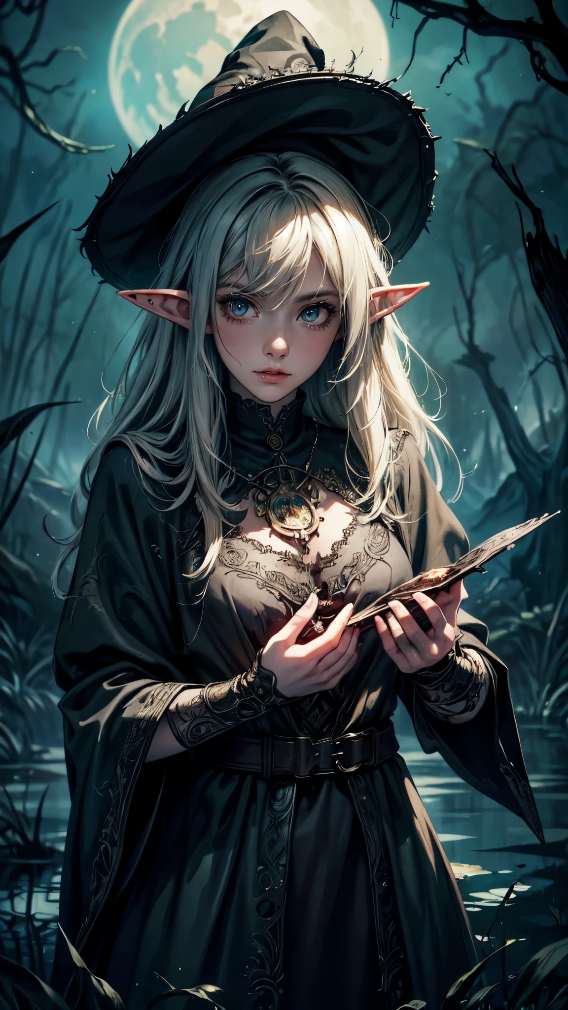 a cursed witch in a swamp,[orange | red] eyes, (fantasy illustration:1.3), eldritch horror, tentacles, enchanting gaze, captivating pose, otherworldly charm, mystical sky, (Luis Royo:1.2), (Yoshitaka Amano:1.1), moonlit night, soft colors, (high-resolution:1.2) , (illustration:1.1), (perfect details:1.1), interior, background, abstract, hard lighting, rim lighting, (8k) (best quality:1.4), (masterpiece:1.3), ultra-detailed, detailed face, detailed face, detaile eyes, detailed hands, full body, elf woman