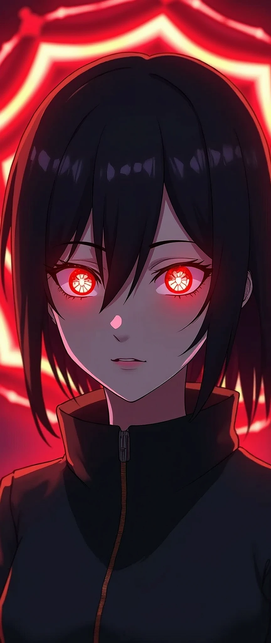 (masterpiece:1.2),(Highest quality),(Super detailed),(Ultra-high resolution),(Best illustrations),8k,wallpaper,(1 girl),(Close-up of face:1.6),(front:1.6),(A beautiful female ninja is standing),(look at me),(Beautiful Face,Beautiful Eyes),(Red glowing eyes,A kaleidoscope pattern in your eyes),(Black Costume),(Female ninjas use genjutsu),(The background is a beautiful geometric pattern like a kaleidoscope),Kaleidoscope Sharingan,(dynamic)