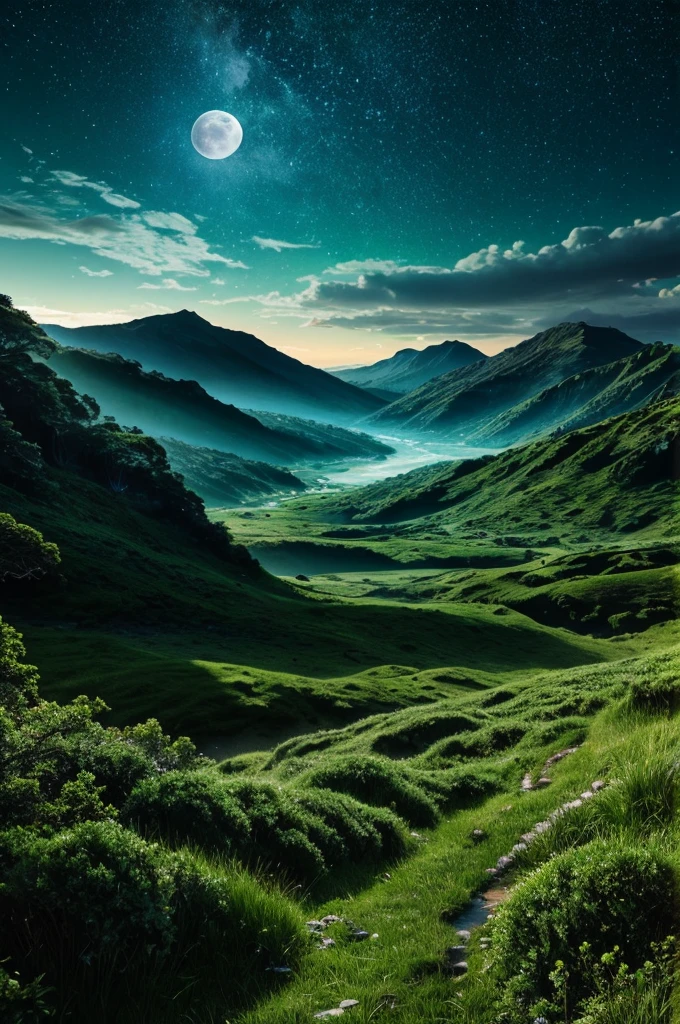 large moon, stunning moon, a lush eden, paradise overflowing with fauna, emerald dunes in the distance, raging winds, exotic features, remarkable landscape, stunning features, exaggerated tones, exaggerated proportions, a night sky clear of clouds, shimmering stars, luminous moonlight, shimmering sands of green, hyper detailed, vibrant colors, cinematic light, 8k, masterpiece, photorealistic, award winning, stunning landscape, intricate details, dramatic atmosphere, tones of green, shades of emerald, shades of blue, white streaks of moonlight, light dancing, whisps of color, a glistening white kingdom in the center of the mountains