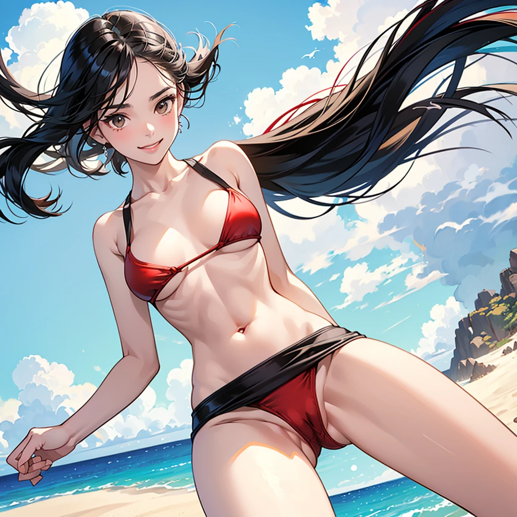 NSFW, ultra detailed, Create a minimalist design, simple shapes, and a focus on composition and balance,(((Uncensored))), (((Clear picture))), 18 year old beautiful girl, shiny black hair, Brown eyes, tightened waist, red bikini, sexy pose, shy smile, Sandy Beach, Blue sky