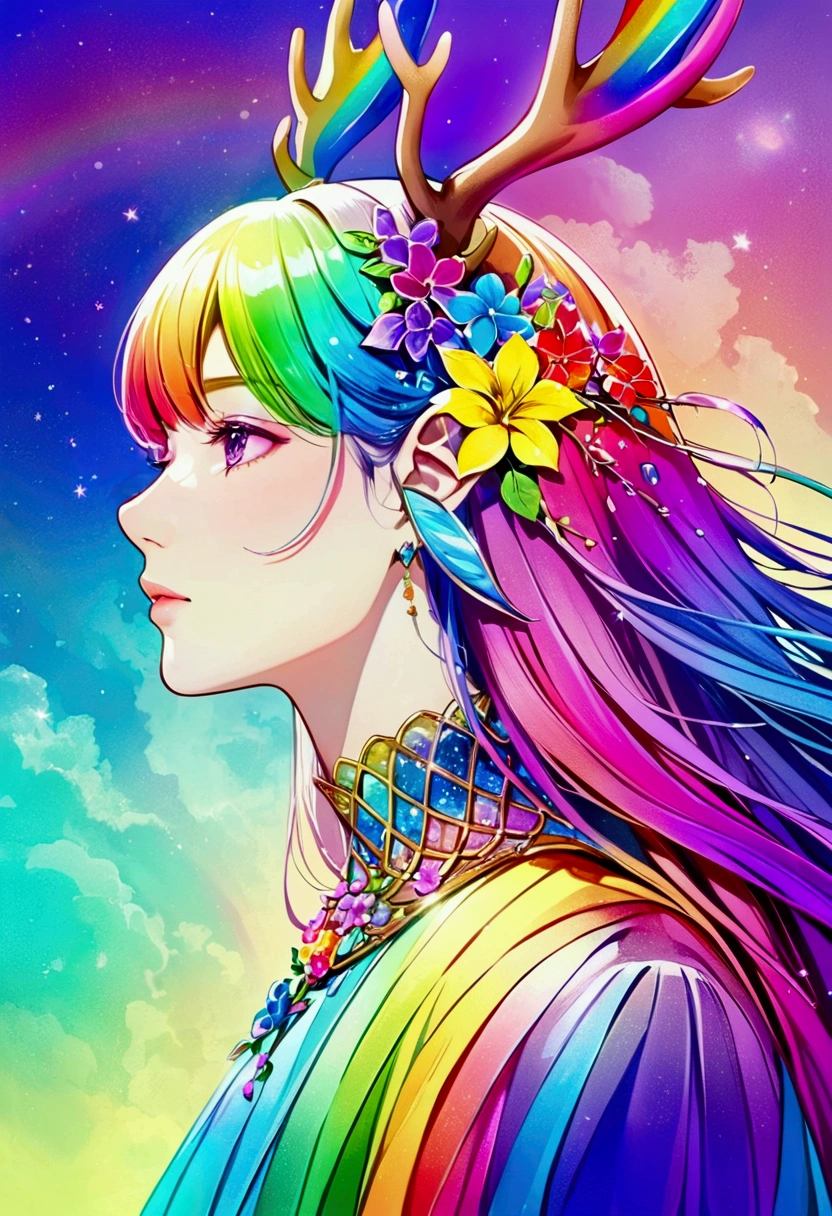 Fantasy,deer,From the neck up,profile,It is surrounded by colorful rainbow flowers.,Rainbow delicate lilac flower branch, Ultra-transparent, holy light, beautiful spectral light, Petals Shine, Blink,