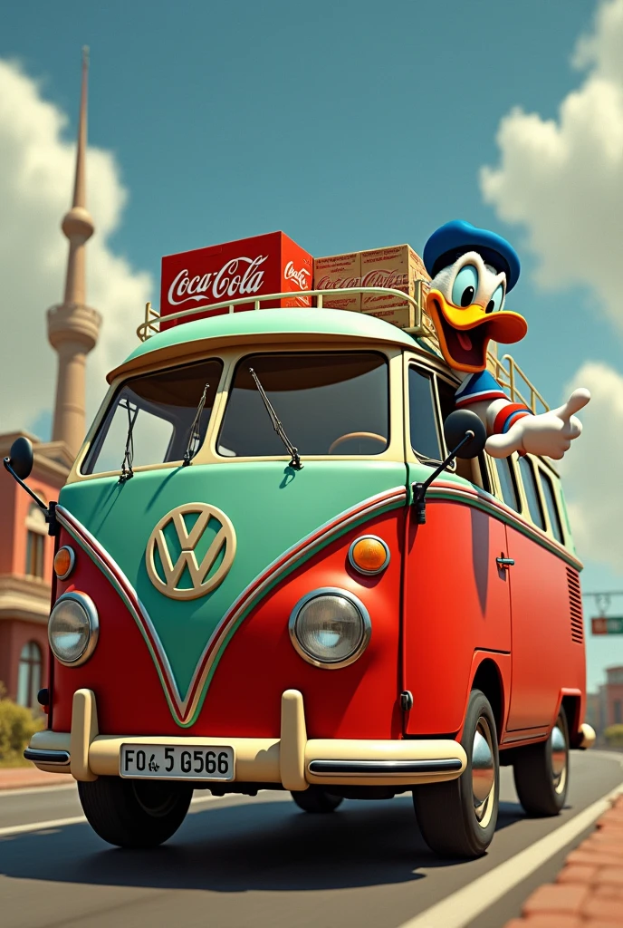 Driver Donald Duck leans out of the driver's side window of a maroon-and-green-striped Volkswagen van and gives a thumbs-up like.. The minibus is carrying many boxes of Coca-Cola. We see the minibus in its entirety