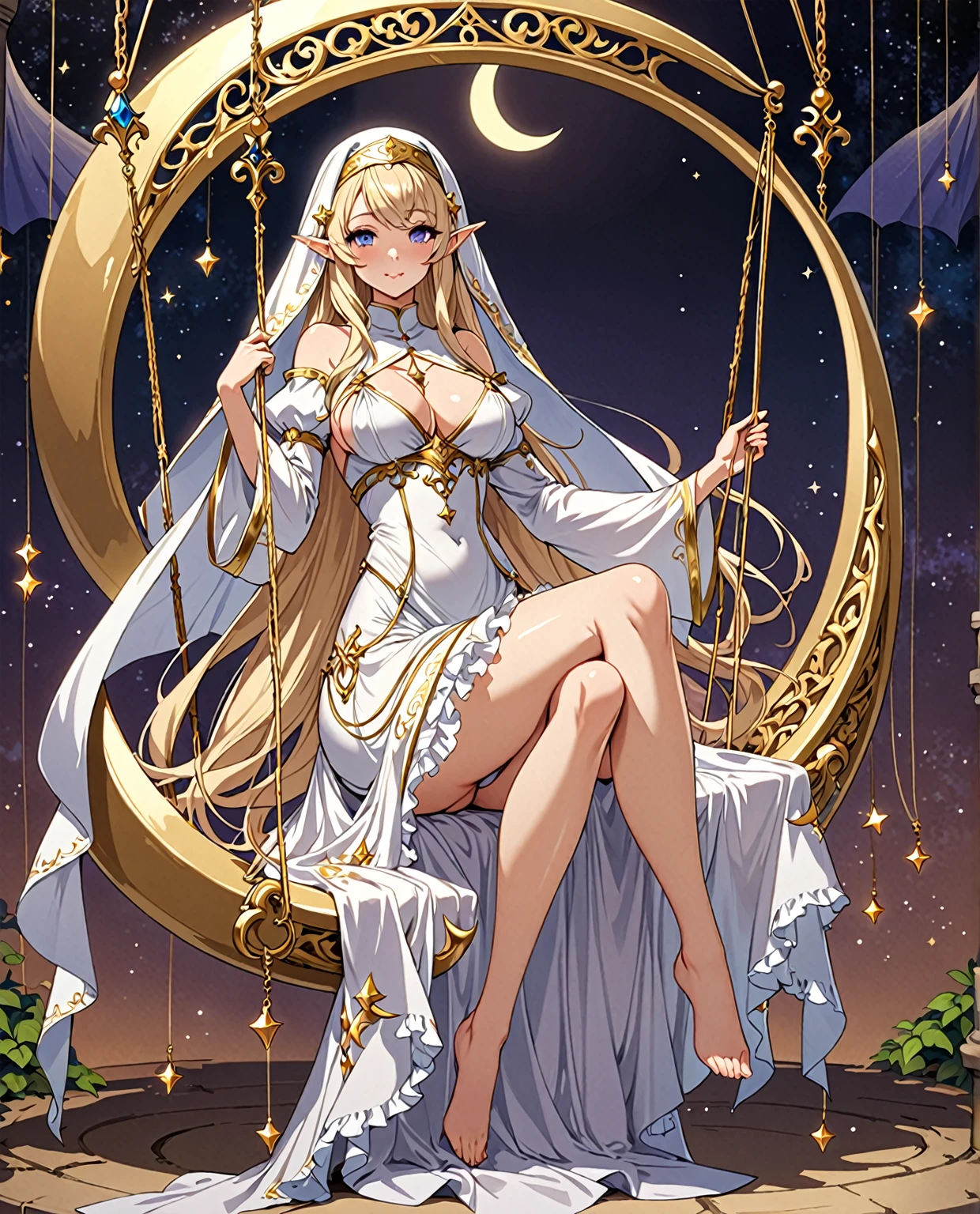 busty anime girl elf, milf, mommy, soft and adorable body and face, wearing a long loose opera singer dress, wearing a nun veil with various small hanging by a thread gold ornaments, sideboob, long sleeves that cover her entire arm and hands with triangular shaped frills at the end, sitting on a crescent moon shaped swing long hair, fairy tale, sleeping beauty, mystic fantasy character design, full body, concept art, nsfw, medium round breast, beautiful legs, lewd attire