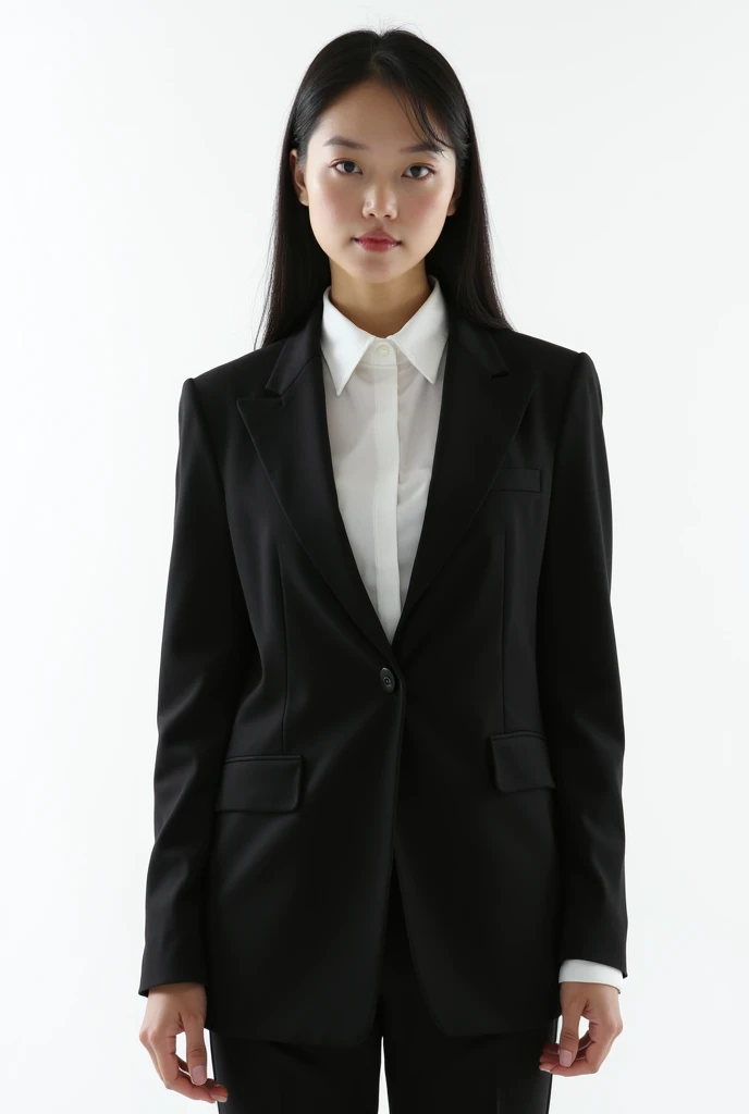 woman in black suit, with long black hair behind the ears, White background, white shirt and looking forward, with nothing on the face , staring straight ahead

