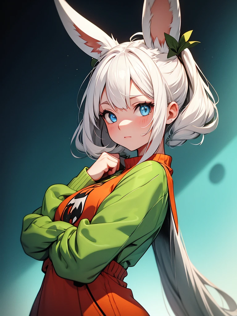 Girl with white hair and blue eyes with rabbit ears on her head and a red collar on her neck wearing a green and yellow tunic.