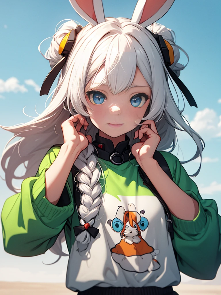 Girl with white hair and blue eyes with rabbit ears on her head and a red collar on her neck wearing a green and yellow tunic.