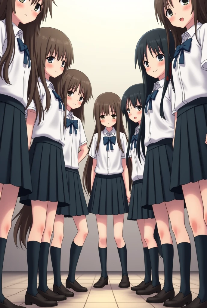 Group of school girls in white shirts and black skirts with long hair standing looking at me lying on the floor from top to bottom
