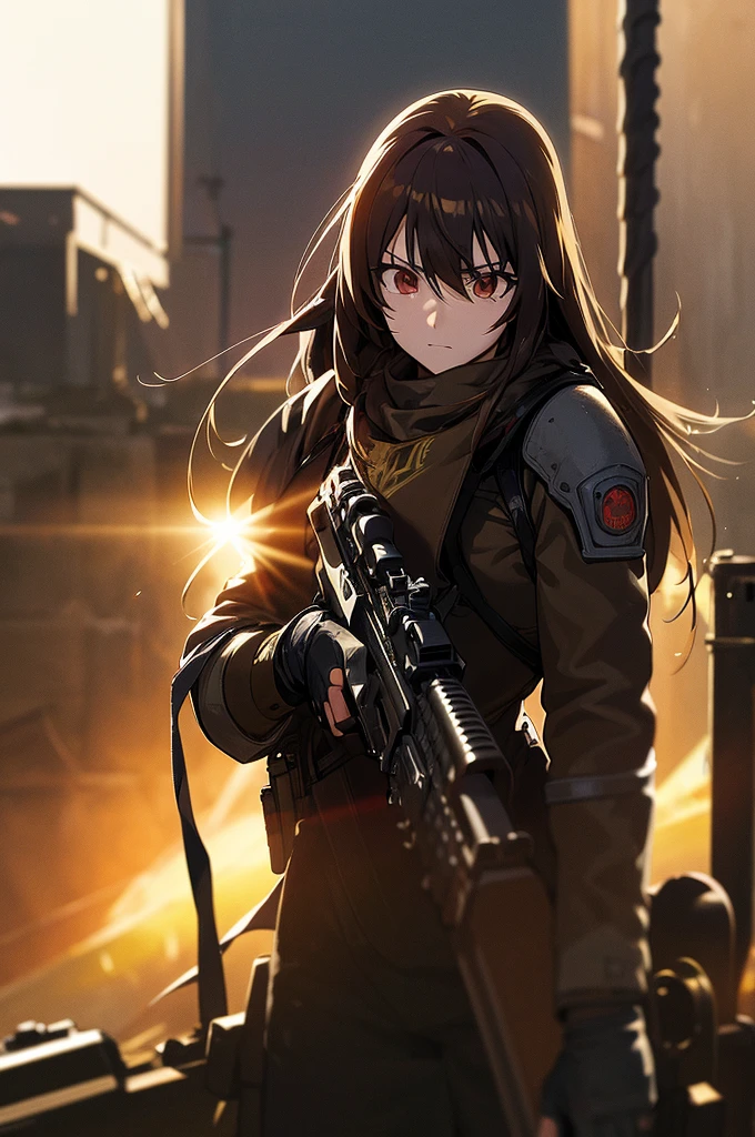 In the spotlight, holding_gun, assault_rifle, Very detailed, Brown Hair, Long Hair, Anime Style, whole body, alone, Stylish Gunfighter Girl, Holding a steampunk long barrel pistol,Standing in the wasteland, 8K high resolution, White Background, The background is a dark and desolate landscape, Horror movie atmosphere. Her figure is very beautiful, Emphasizing the dark and crazy elements. Skillfully expressing the effects of light and shadow, Anime girls with guns and rifles, from Girls' Frontline, mechanized soldier girl, Girls' Frontline style