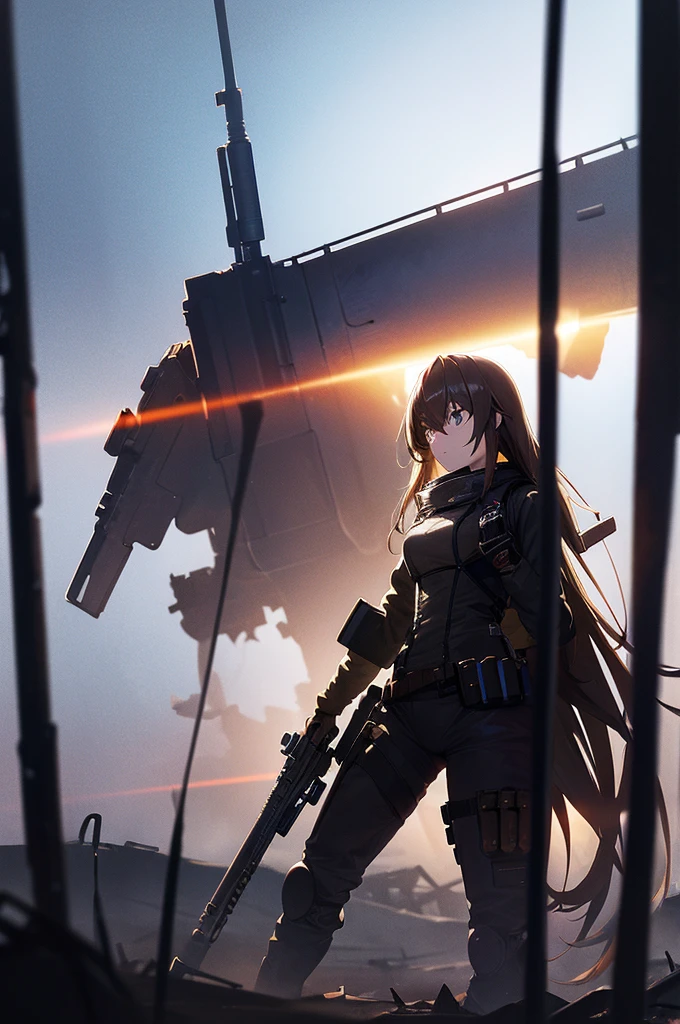 In the spotlight, holding_gun, assault_rifle, Very detailed, Brown Hair, Long Hair, Anime Style, whole body, alone, Stylish Gunfighter Girl, Holding a steampunk long barrel pistol,Standing in the wasteland, 8K high resolution, White Background, The background is a dark and desolate landscape, Horror movie atmosphere. Her figure is very beautiful, Emphasizing the dark and crazy elements. Skillfully expressing the effects of light and shadow, Anime girls with guns and rifles, from Girls&#39; Frontline, mechanized soldier girl, Girls&#39; Frontline style